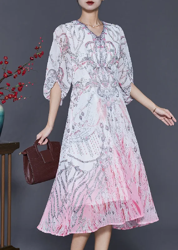 sleek midi dressStylish White Print Gradient Color Chiffon Beach Dresses Lantern Sleeve