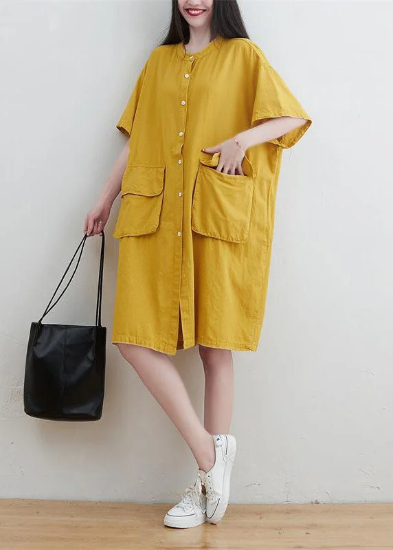 casual dressYellow Linen Maxi Dresses O-Neck Oversized Short Sleeve