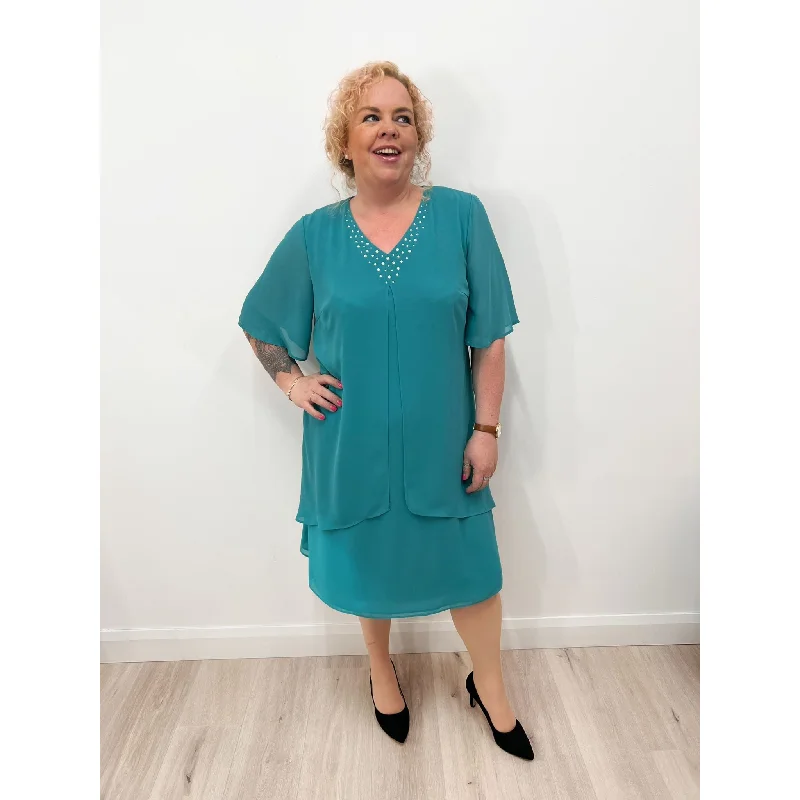 casual summer dressGodske Teal Chiffon Dress with Diamante Neckline