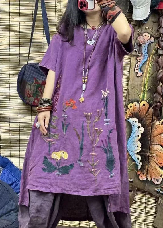 wrap dressPlus Size Purple O Neck Embroidered Linen Mid Dresses Summer