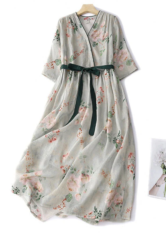 vintage dressElegant Green Button Print Lace Up Cotton Dresses Summer