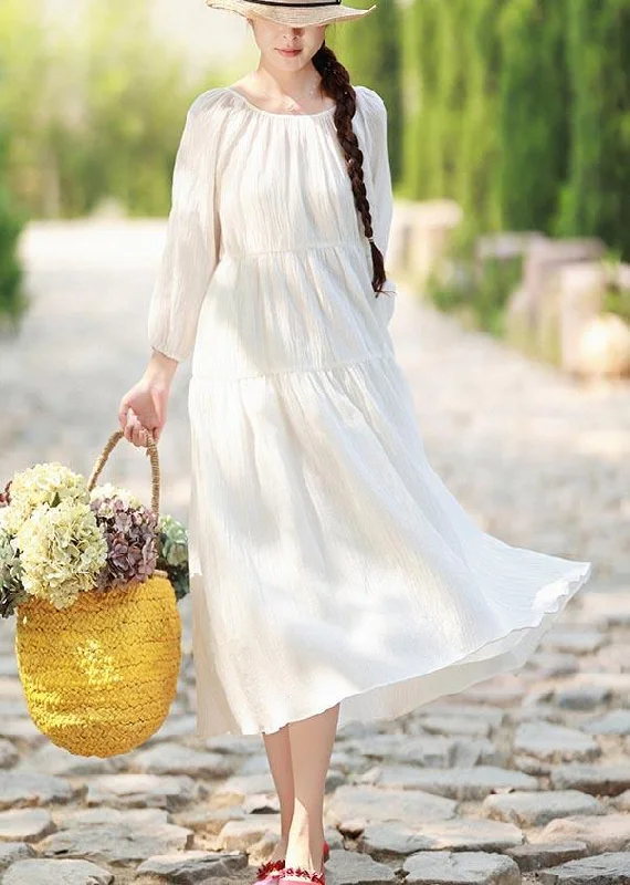 modern dress100% O Neck Cinched Spring Outfit Tunic Tops White Maxi Dresses