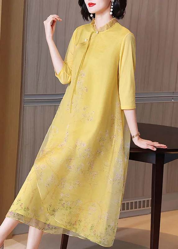 A-line dressChinese Style Yellow Ruffled Button Print Long Dress Half Sleeve