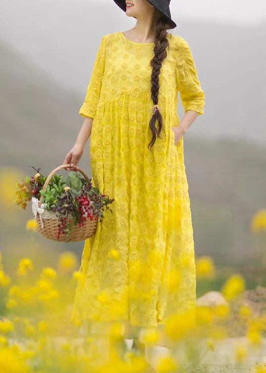 pleated dressUnique Yellow Embroidery Tunic Dress O Neck Half Sleeve Maxi Dresses