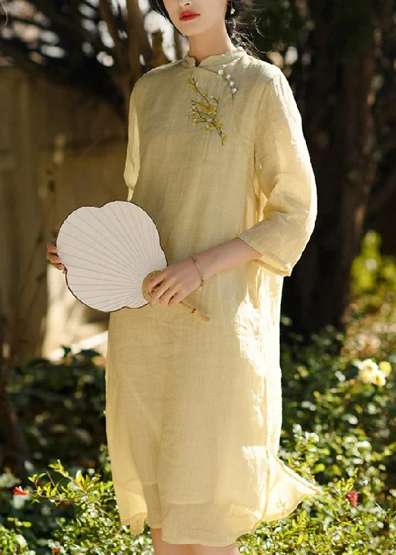 velvet dressClassy Yellow Embroidered Button Linen Dresses Bracelet Sleeve