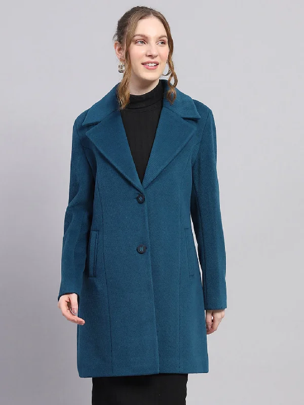 breathable jacketWomen Teal Blue Self Design Notch lapel Collar Full Sleeve Coat