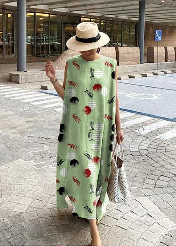 off-the-shoulder dressBohemian O Neck Side Open Linen Cotton Clothes Fabrics Green polka dots Dress