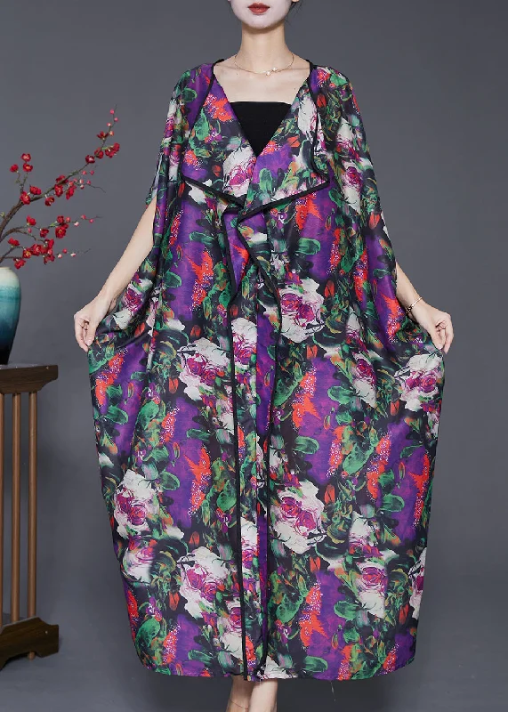 floral dressBeautiful Purple Oversized Print Chiffon Long Dresses Batwing Sleeve