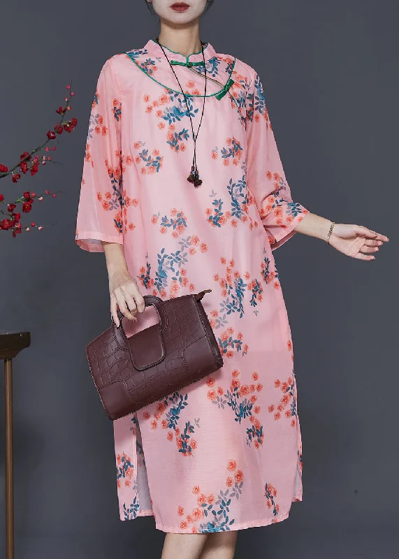 boho-chic dressVintage Pink Print Oriental Linen Holiday Dress Summer