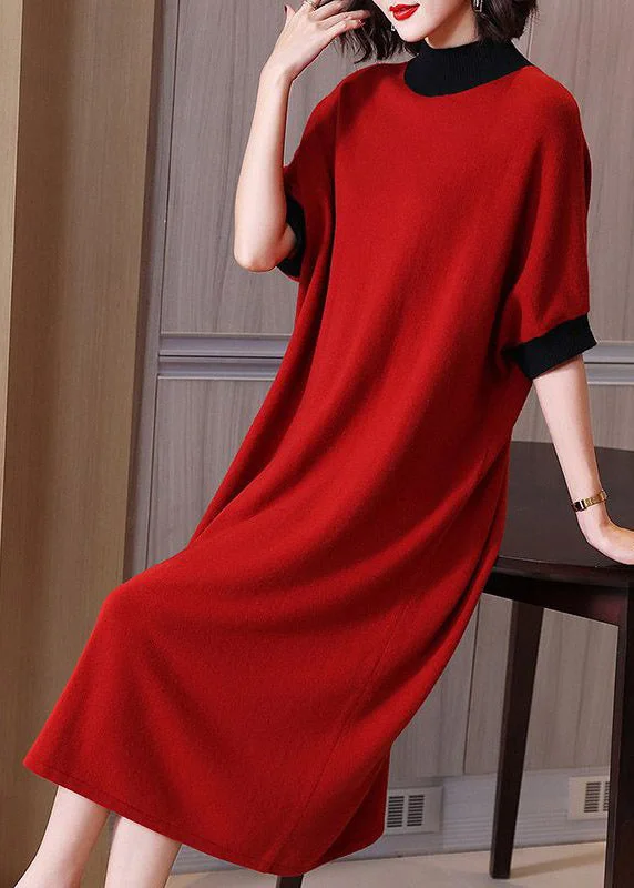 velvet dressLoose Red Turtleneck Patchwork Cotton Knit Dress Short Sleeve