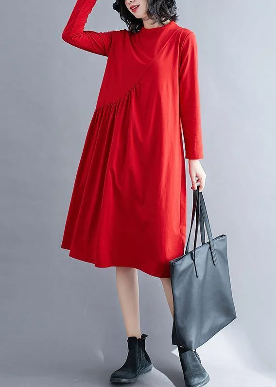 oversized dress100% Red Wardrobes O Neck Wrinkled Kaftan Spring Dresses