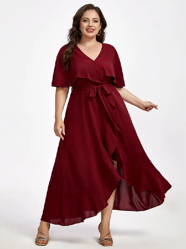 lace dressPlus Shawl Collar Ruffle Sleeve Wrap Maxi Dress