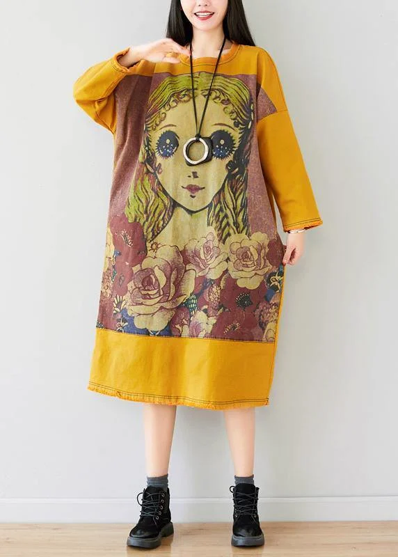 boho-chic dressFrench Yellow U Neck Dress Character Print Spring Ankle Dress