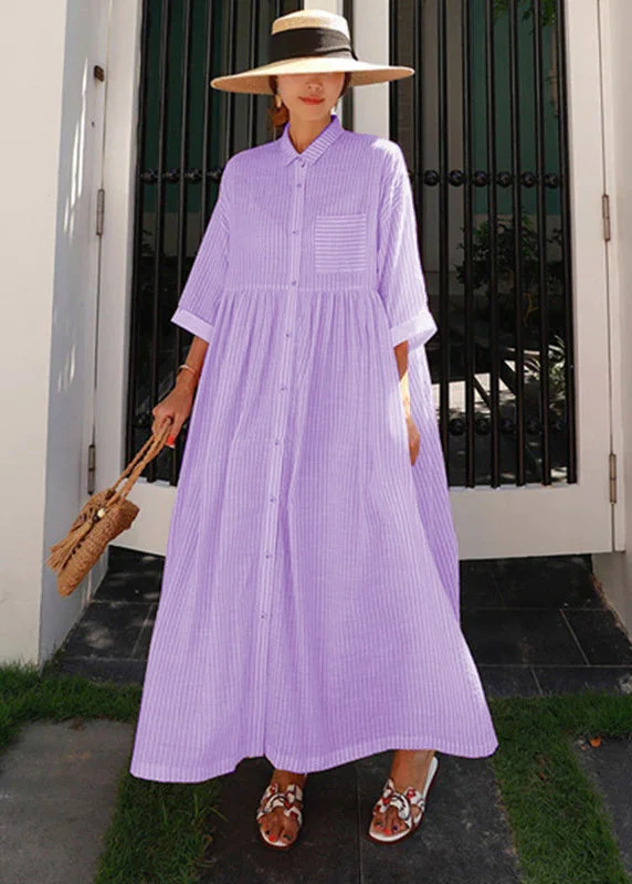 shift dressBohemian Blue Peter Pan Collar Striped Button Pockets Wrinkled Long Dresses Half Sleeve