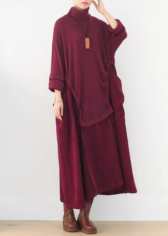 silk dressOversized high neck patchwork Sweater Wardrobes Women burgundy Tejidos knit dresses