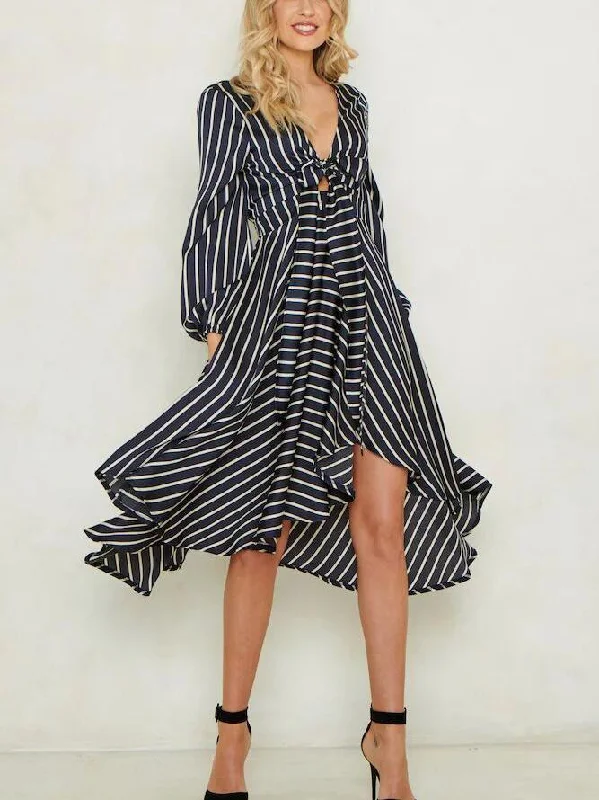 sleek dressJuliaFashion-Deana Stripe Plunging Neck Midi Dress