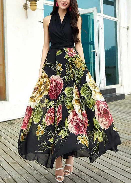 summer dressNew Black V Neck Print Chiffon Long Dresses Sleeveless