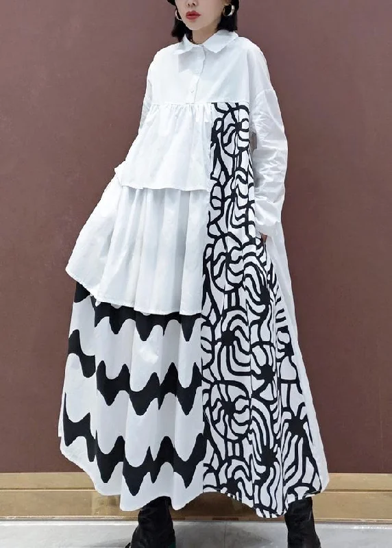 evening dressHandmade White Print Quilting Clothes Lapel Asymmetric Loose Spring Dresses