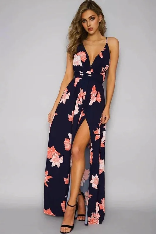 trendy dressJuliaFashion-Floral Allover Plunging Neck High Slit Maxi Dress