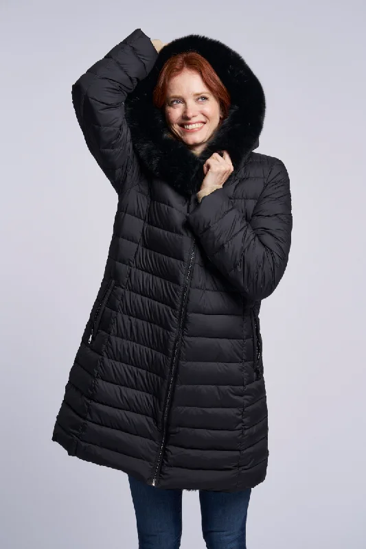 padded puffer coat#2281HD Horizontal Down  coat Reverses to Sheared Layered Rabbit fox hood.