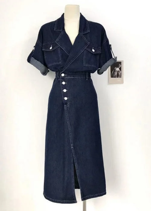 casual summer dressNew Denim Blue Button Side Open Denim Dress Summer