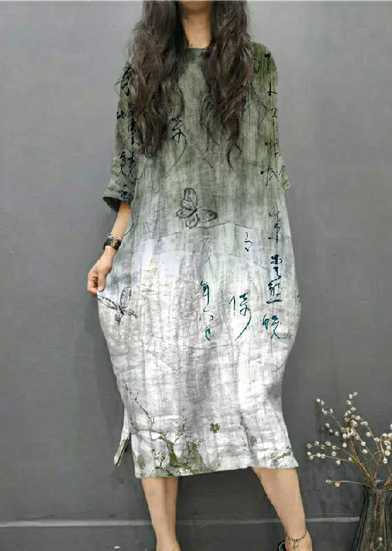 denim dressBeautiful Green text O-Neck Wrinkled Side Open Linen Long Dress Batwing Sleeve