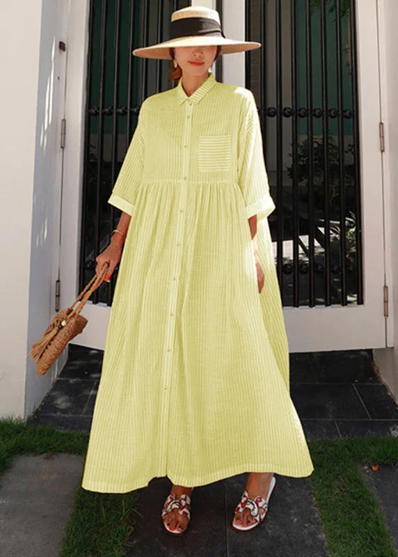 draped dressBohemian Yellow Peter Pan Collar Striped Button Pockets Wrinkled Long Dresses Half Sleeve