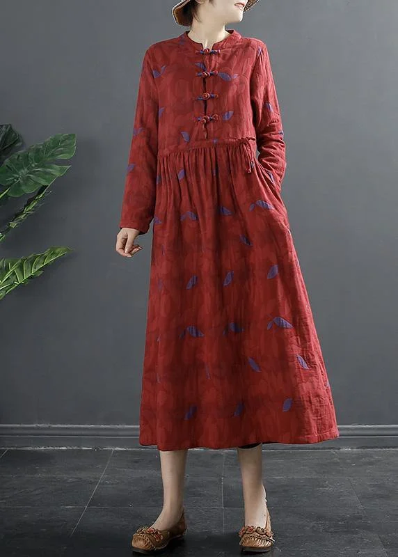 stylish dressDIY Stand Collar Quilting Dresses Pattern Red Print Long Dress