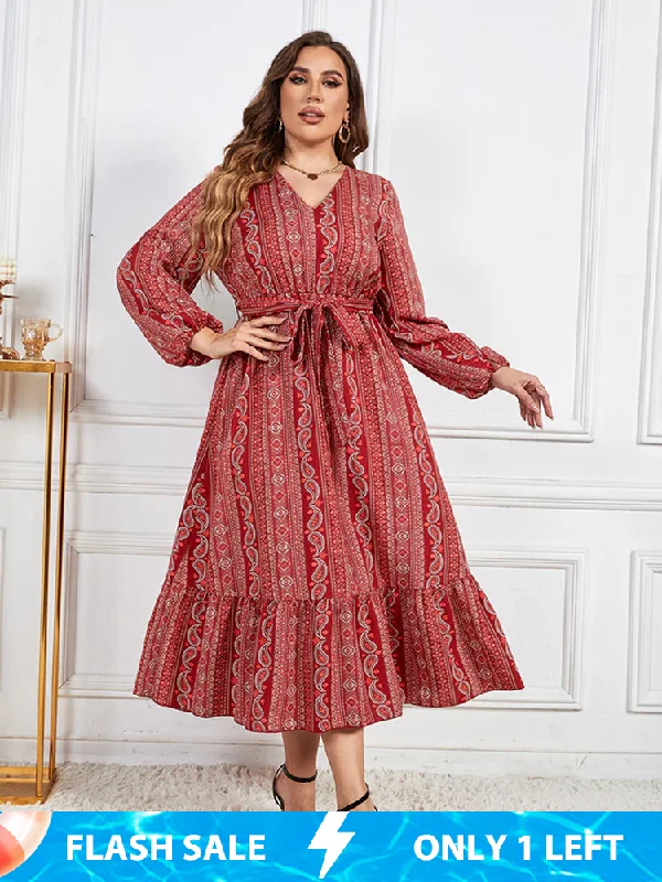 oversized dressPlus Bandana Print V-Neck Lantern Sleeve Ruched Maxi Dress