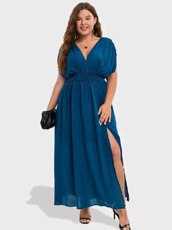 luxury dressV-Neck Dolman Sleeve Ruched Split Pocket Maxi Dress