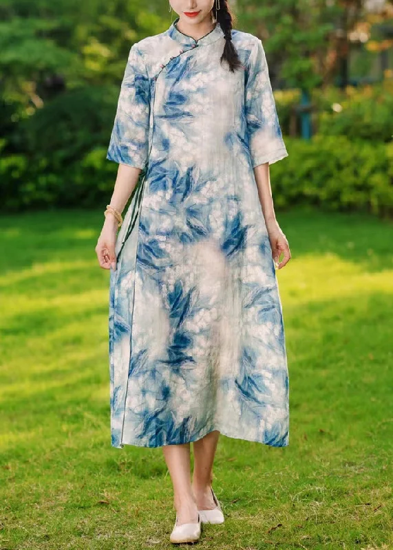 lace-up dressElegant Blue Button Print Lace Up Linen Long Dresses Summer