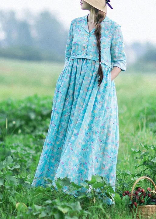 pleated dressItalian Blue Print Clothes Notched Cinched Maxi Summer Dresses