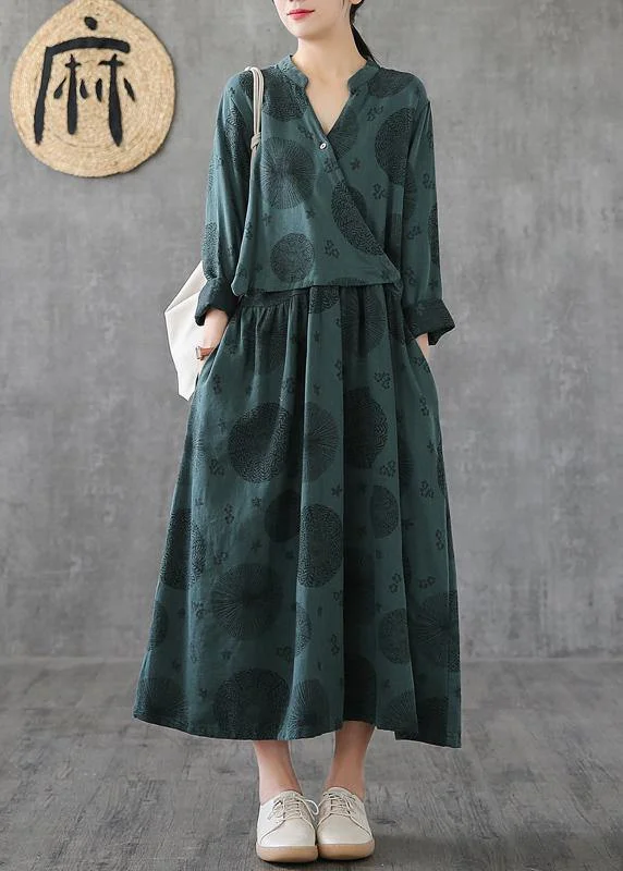 ruched dressElegant green embroidery cotton tunics for women o neck patchwork Traveling Dresses