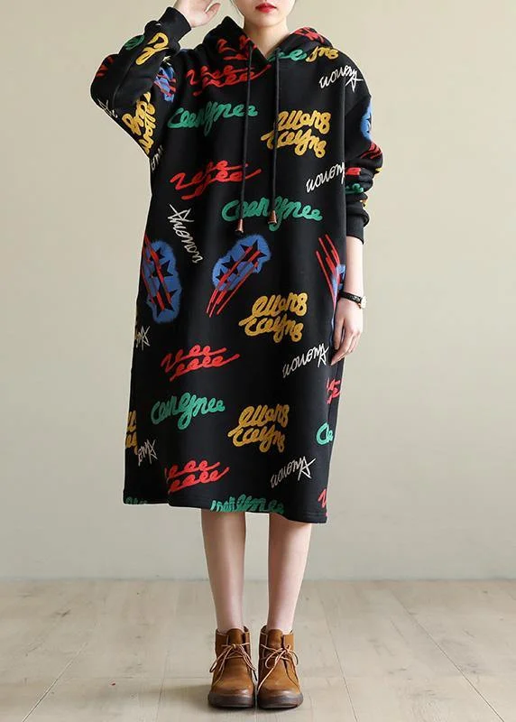 sleeveless dressModern casual cotton hooded Tunics Shirts black print Art Dresses