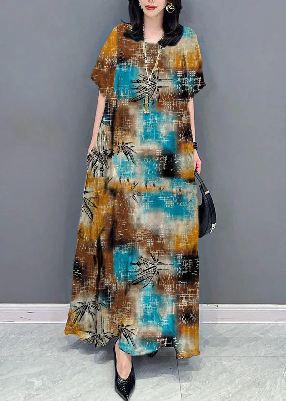 chic slip dressBohemian brown geometry O Neck Pockets Print Patchwork Silk Long Dresses Summer