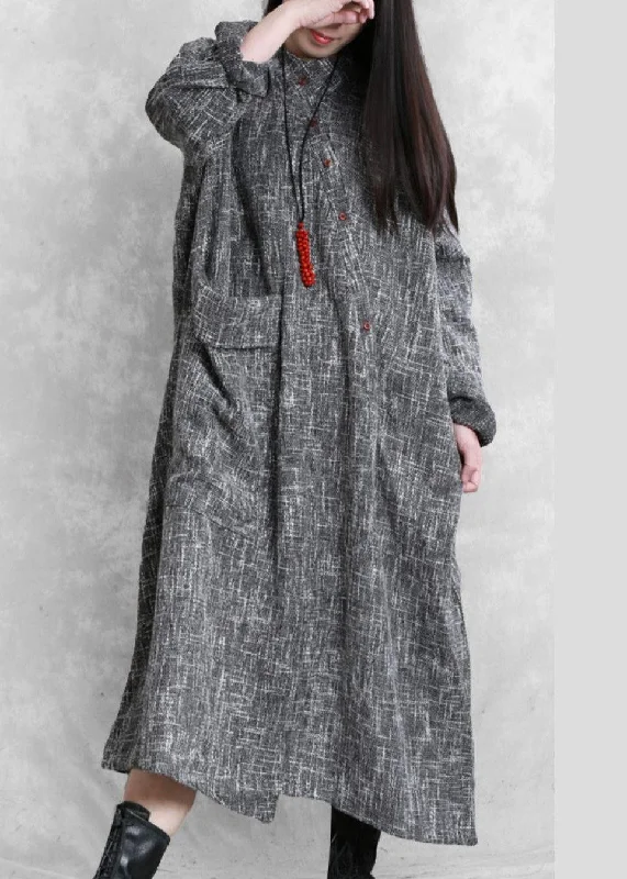 tiered dressDIY stand collar asymmetric linen dresses pattern gray Plaid Dress