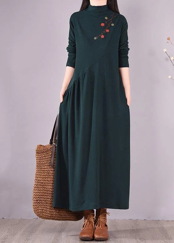 fitted dressHandmade Blackish Green Embroidery Clothes High Neck Cinched Robes Spring Dresses