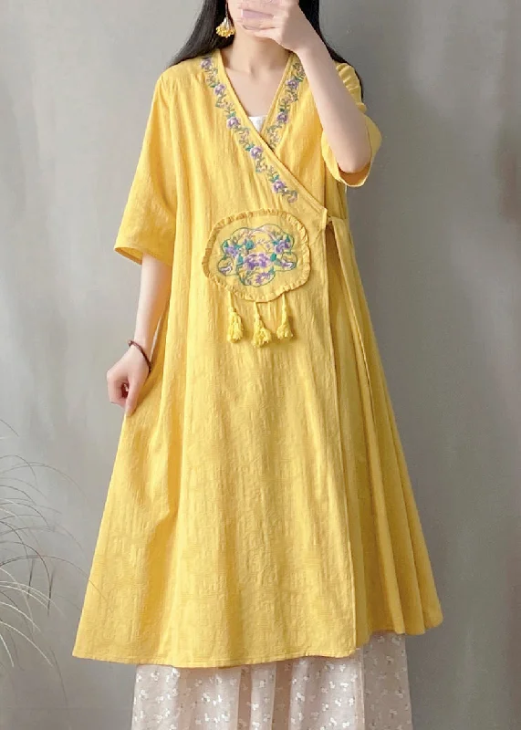 trendy dressVintage Yellow V Neck Embroidered Lace Up Cotton Cardigan Summer