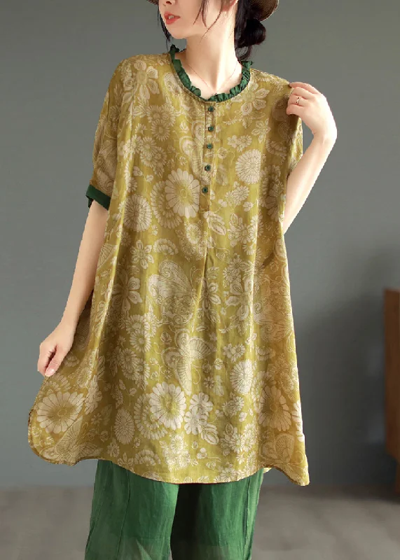 sophisticated dressYellow Button Patchwork Linen Mid Dresses O Neck Half Sleeve