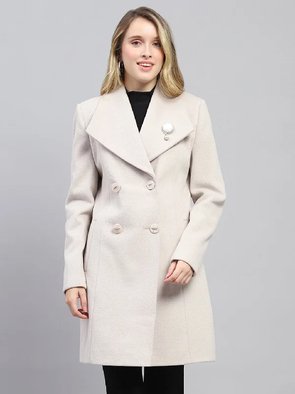 sporty jacketWomen Cream Self Design Collar Full Sleeve Coat