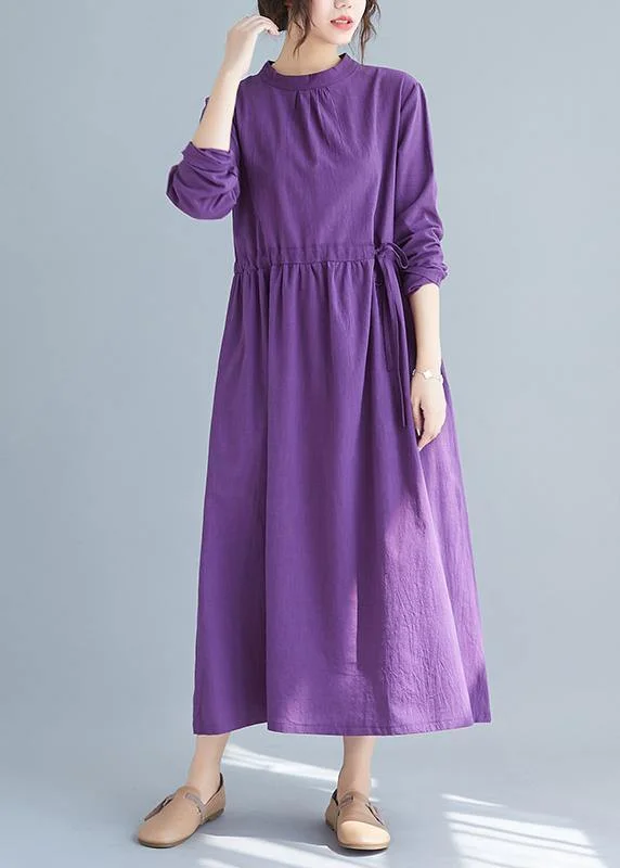 casual summer dressWomen Purple Tunics Stand Collar Drawstring Spring Dress