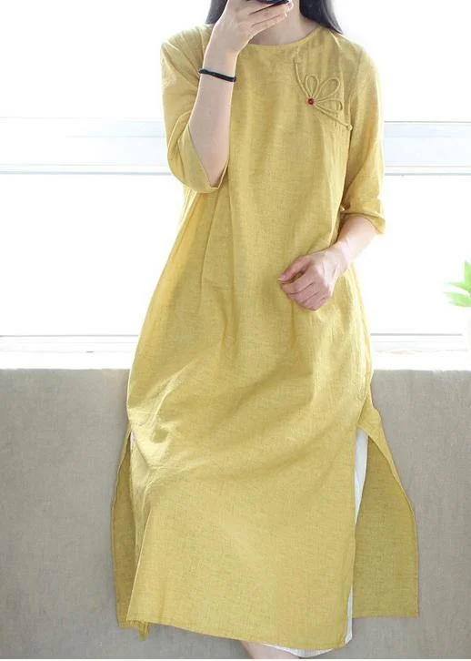 long sleeve dressStyle O Neck Side Open Dresses Catwalk Yellow Robes Dress