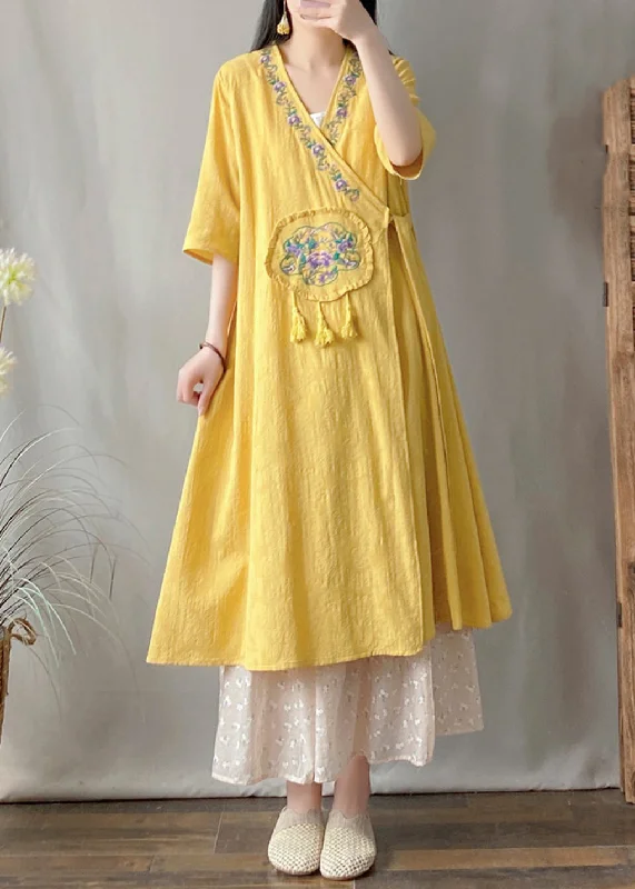 knit dressYellow V Neck Tie Waist Maxi Cardigan Short Sleeve