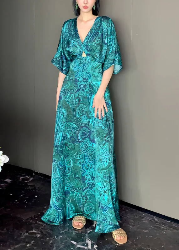 knit dressChic Peacock Blue V Neck Print Satin Maxi Dress Short Sleeve