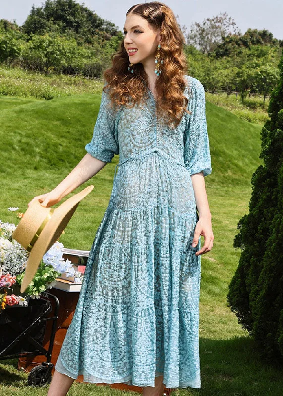 tiered dressBrief Sky Blue Embroidered Floral Hollow Out Silk Long Dresses Half Sleeve