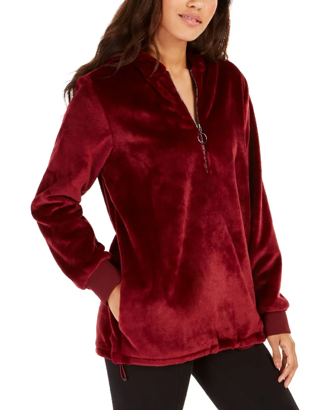 Ideology Women's Faux-Fur Quarter-Zip Soft Hoodie, Cherry Pie, M