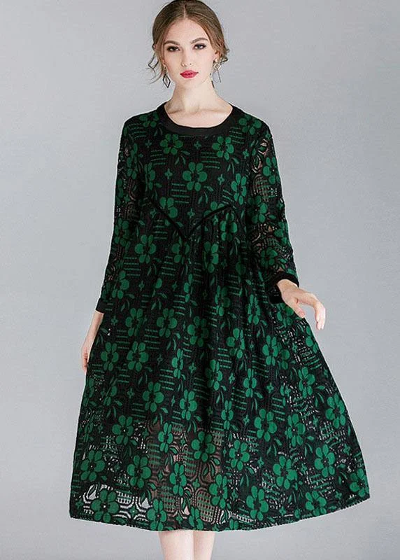 modern dressFitted Green Hollow Out Jacquard Spring Long Sleeve Mid Dress