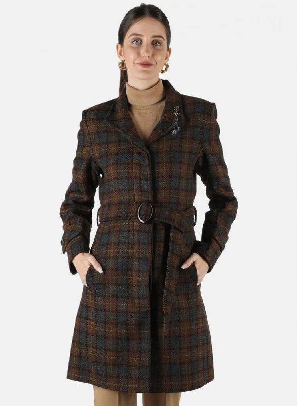 chic wool coatWomen Brown Check Coat