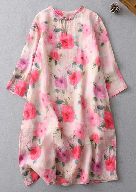 one-shoulder dressBeautiful Print O-Neck Button Cotton Mid Dress Half Sleeve