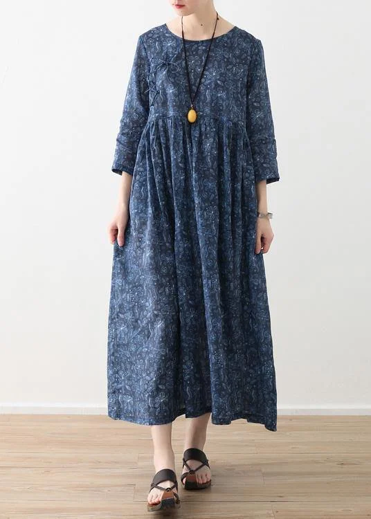 silk dressDIY o neck Cinched linen clothes For Women blue print Dress